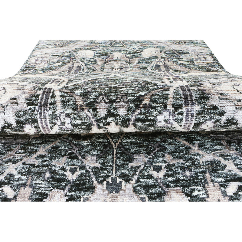 Hand Knotted Damask Area Rug in Black/White/Brown, Runner 2'6" x 6'