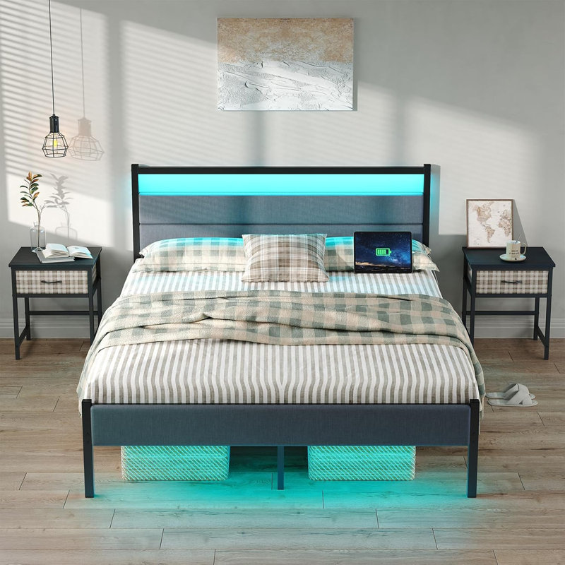 Bed Frames with Charging Station, LED Lights Bed with Grey Upholstered Headboard, Under Bed Storage, No Box Spring Needed, Noise Free, Easy Assembly