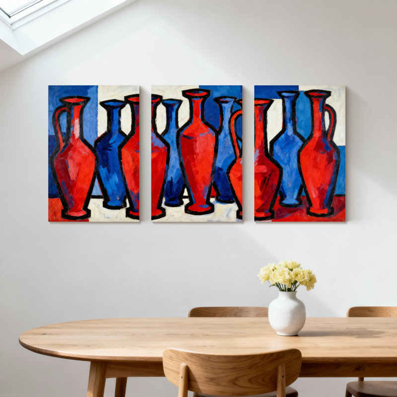 poterie vase, vases rouges et bleus, ensemble de 3 reproductions d'art sur toile, H 18 po x l 36 po