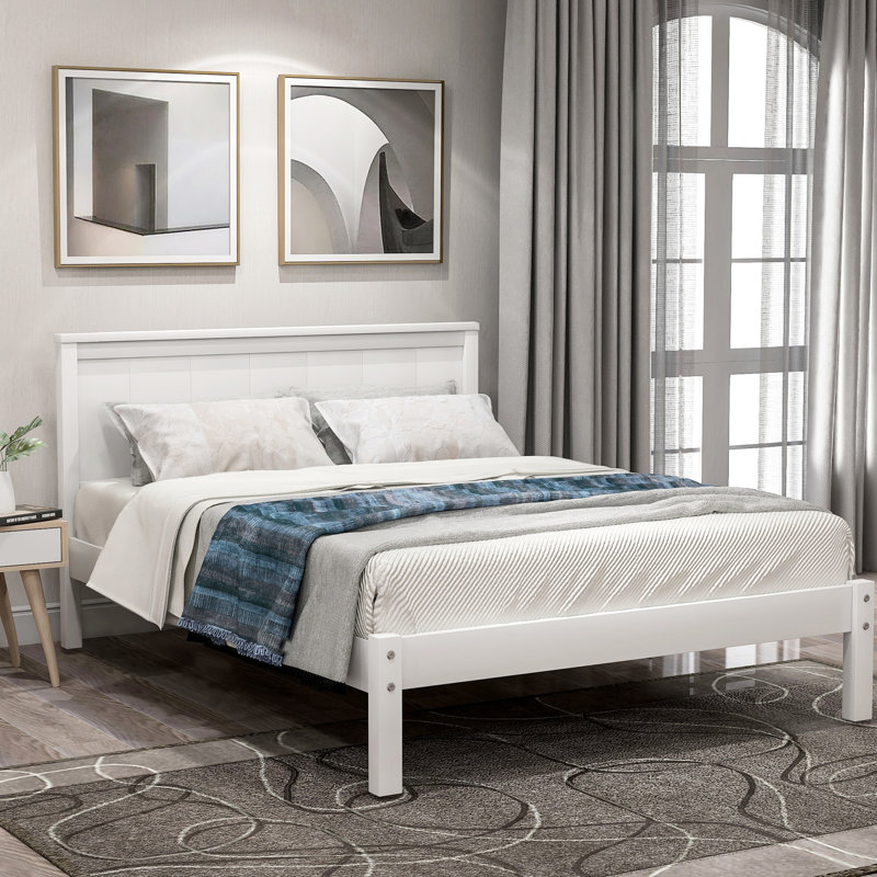 Cadre de lit plateforme blanc simple avec tête de lit et support à lattes de bois, tête de lit sans sommier nécessaire, latte unie, ressort