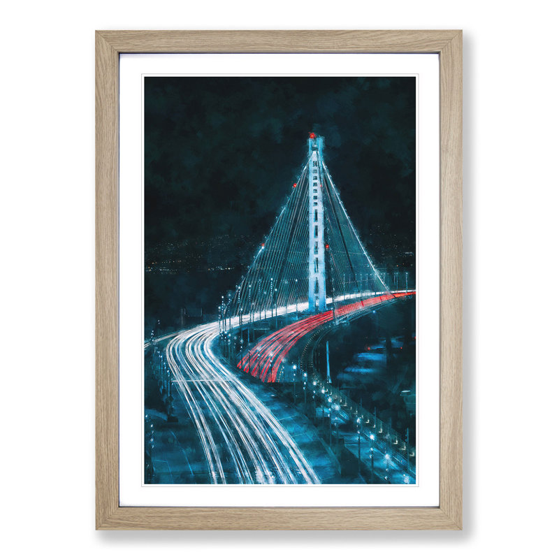 Oakland Bay Bridge In San Francisco - Single Picture Frame Print on MDF, Oak Framed, 87cm H x 62cm W x 2cm D