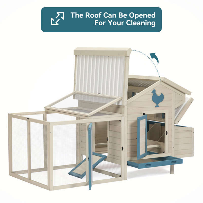 Large Beige and Blue Solid Wood Chicken Coop with Removable Bottom