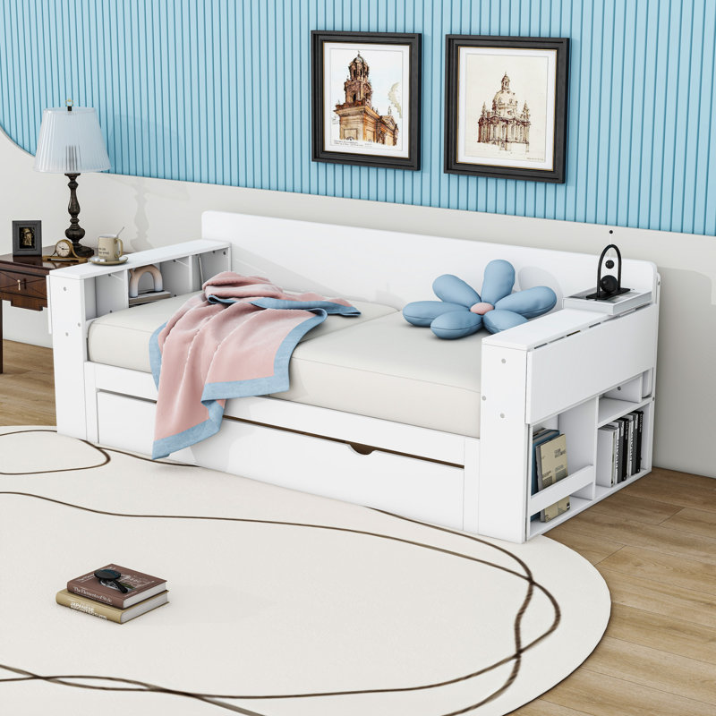 Multifunctional Daybed with Drawers and Desk,Shelves, White, Queen