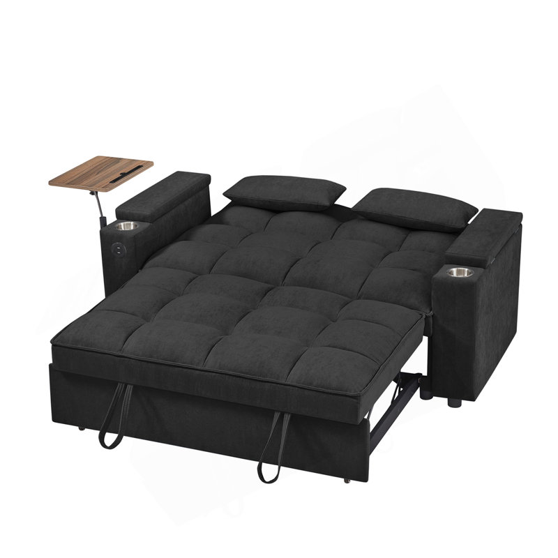 Canapé-lit en chenille noir avec accoudoirs avec rangement, port USB et table d'appoint, Noir