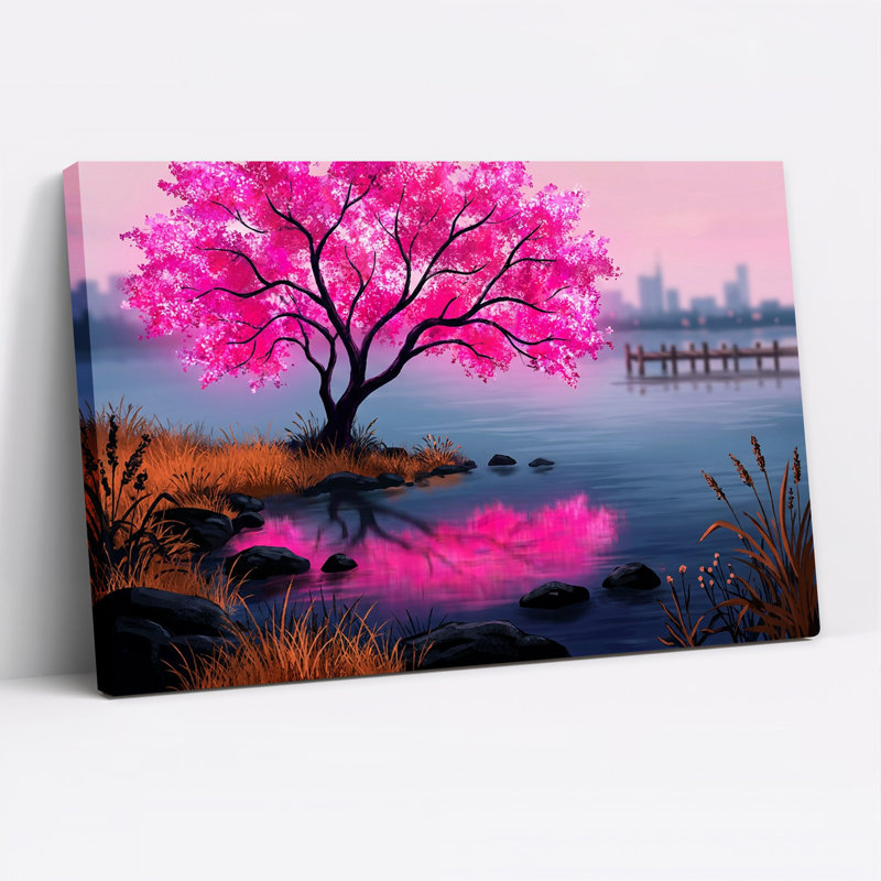 Arbre en fleurs rose vif sur une rive rocheuse avec la silhouette de la ville - Toile murale, 24"H x 36"W