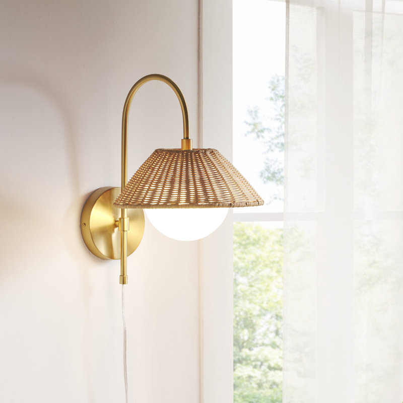 Aminda Gold Plug-in Wall Sconce with Frosted Globe and Rattan Shade