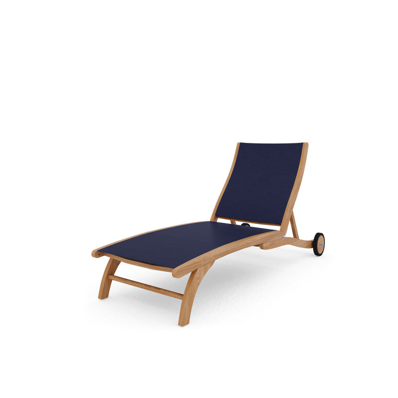 Perrin Teak Outdoor Reclining Chaise Lounger with Rear Wheels, Blue