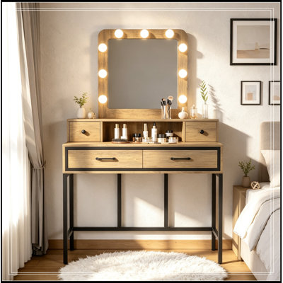 Vanity Desk with Lights Mirror and 4 Drawers