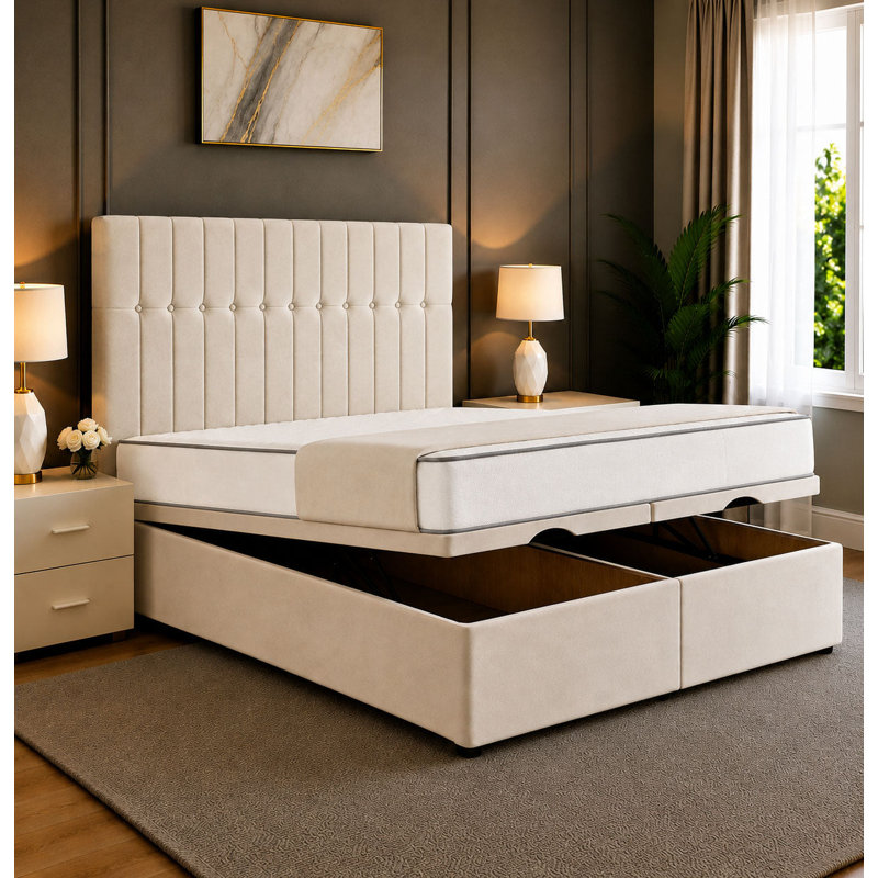 Como Divan Storage Striped Tufted Ottoman Bed Frame, 6FT Super King Bed, Cream Plush Velvet