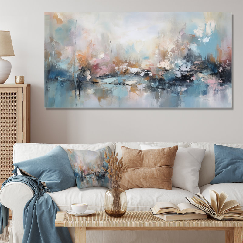 Gris et bleu vagues vives fuild II - Peinture abstraite, art mural, Toile tendue, H 28 po x l 60 po x P 1,5 po