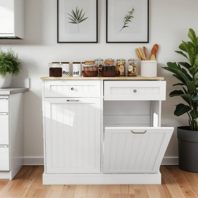Armoire de cuisine avec deux tiroirs et bac inclinable, garde-manger d'une capacité de 10 gallons, blanc