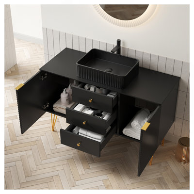GEMA 48" Bathroom Vanity with Sink, Freestanding Plywood Storage Cabinet with 4 Gold Legs, 3 Drawers and 2 Doors, Black Rectangular Cermaic Basin & Black Sintered Stone Top, Pre-assembled, Black