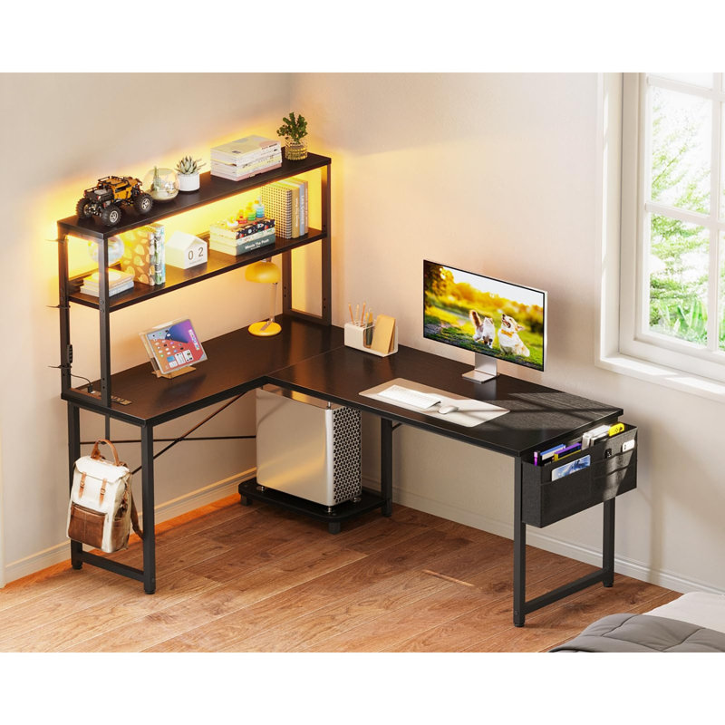53 Inch L Shaped Desk With LED Lighting, Reversible Gaming Desk With Power Outlets, Cornor Computer Table With Storage Shelves & Bag & Iron Hook, Home Office Table For Writing, Study, Black