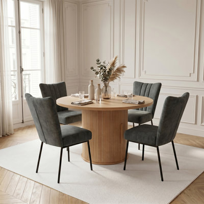 Modern Round Dining Table Set for 4, 110cm Wooden Kitchen Table with Storage Base & 4 Upholstered Dining Chairs, Multiple Styles & Colours Available