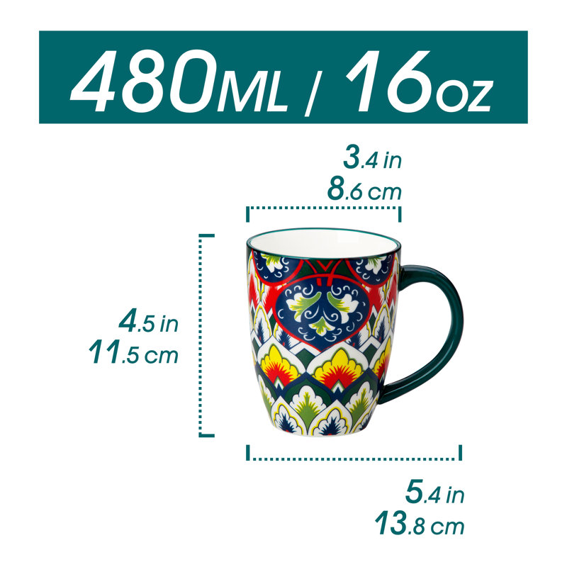 16oz Bohemian Colorful Ceramic Coffee Mugs Set of 6