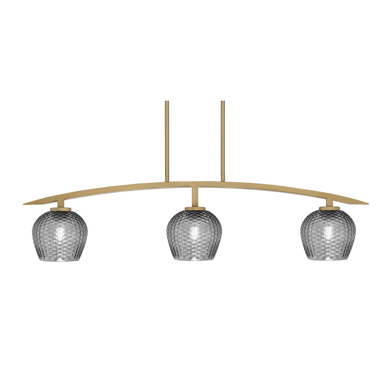 Luminaire pour îlot de cuisine 3 lumières kurve au fini laiton vieilli avec verre texturé de 6 po, Fumée