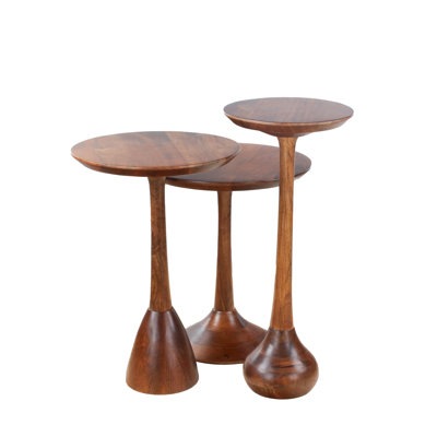 Set of 3 Round Accent Tables with Mango Wood Tops and Pedestal Bases