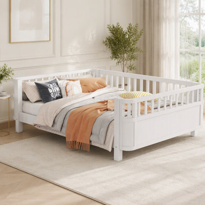 Full Size Wood Platform Bed for Kids, Wood Low Profile Full Bed with Rails for Girls and Boys, White(Patented Design)