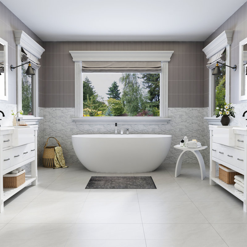 Baignoire de trempage autoportante ovale blanche à surface solide avec robinet de baignoire 63 "Casainc