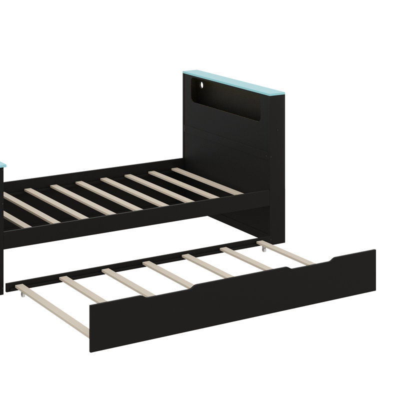 Lit de jour en bois avec lit gigogne, bureau, lumières DEL et port USB, Lit simple, Noir / Bleu