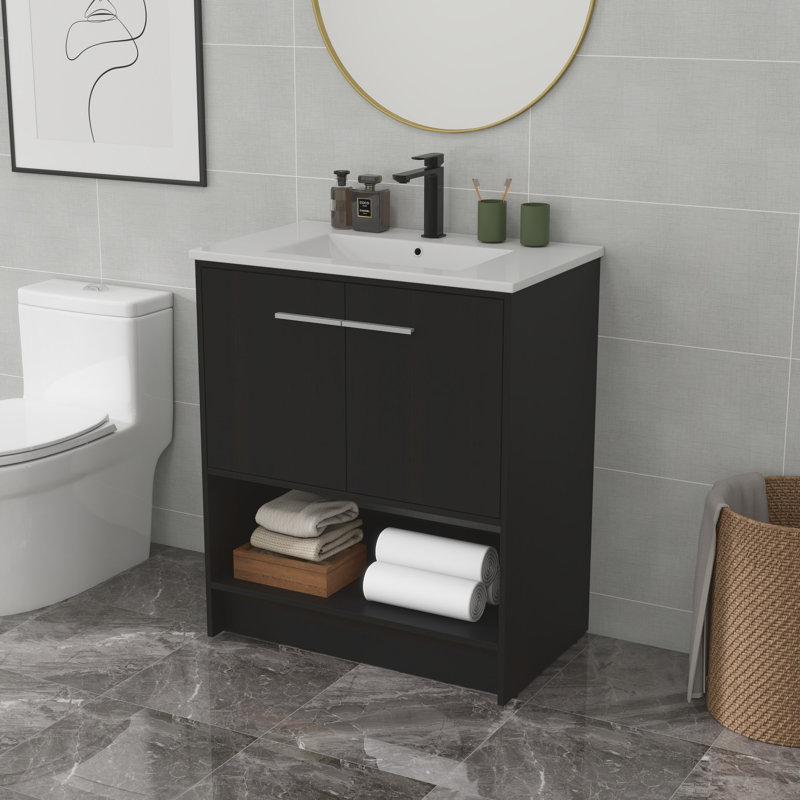 Meuble-lavabo 30 po avec lavabo en céramique, Chêne foncé, Argent argent