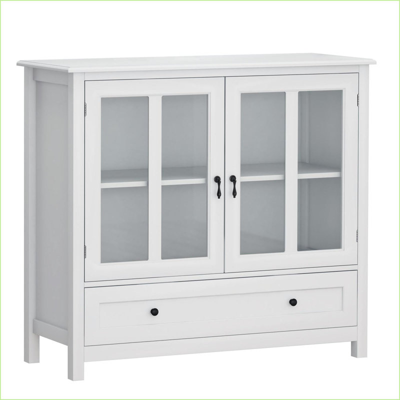 Buffet armoire de rangement avec portes en verre double Tiroir | Poignées rétro en forme de cloche | Panneau de fibres à densité moyenne E1 | Peinture UV