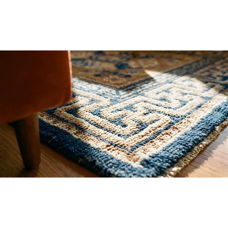 Antique Geometric Medallion Wool Hand Knotted Pile Yellow / Gold Orange 1870s Rug