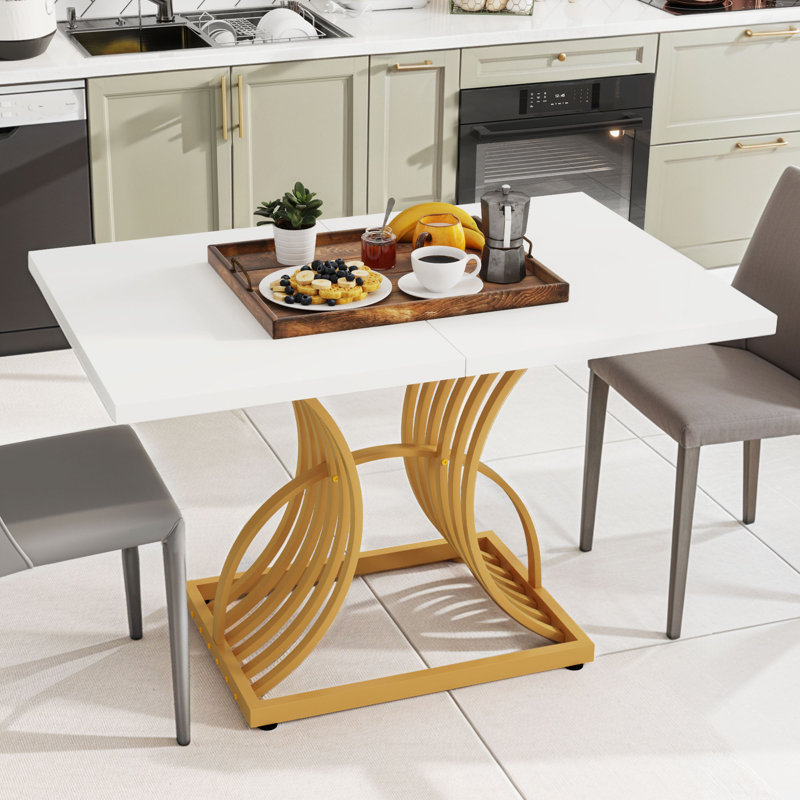 Table de salle à manger moderne chic de 47 pouces avec pieds à piédestal uniques, Blanc, Doré