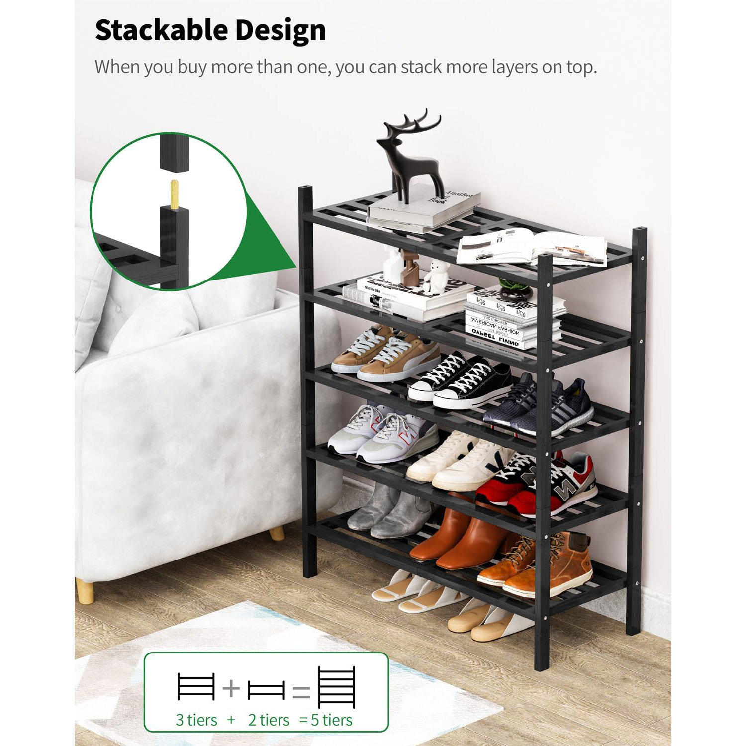 Rebrilliant Shoe Rack, 3-Tier Bamboo Shoe Rack For Front Door Entrance ...