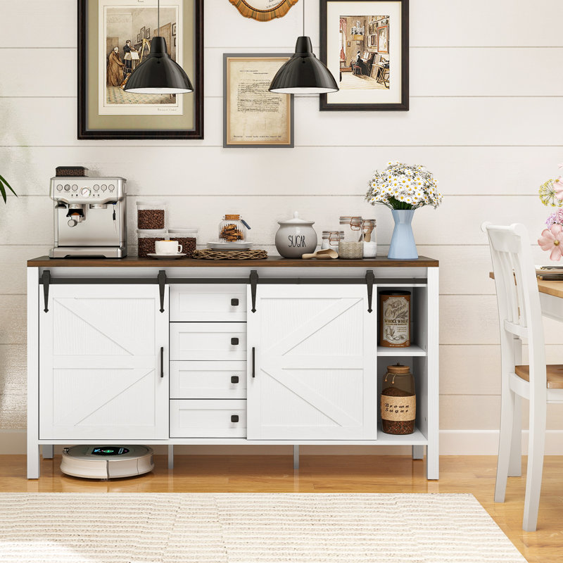 59 Inch Farmhouse Sideboard Buffet Cabinet with Thick Top, Coffee Bar Cabinet with 2 Sliding Barn Doors, 4 Drawers and 2 Adjustable Shelves for Kitchen,wood