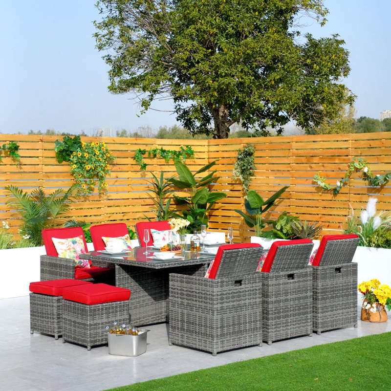 10 - Person Wicker Patio Dining Set with Rectangular Table , Cushions Included, Red, Gray