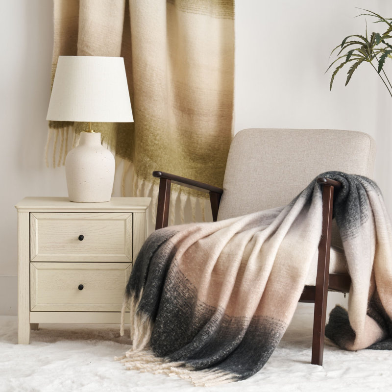 Faux Mohair Throw - Soft Fringed Ombre Blanket, Grey Ombre