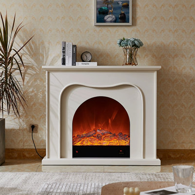 Beige Solid Wood Electric Fireplace