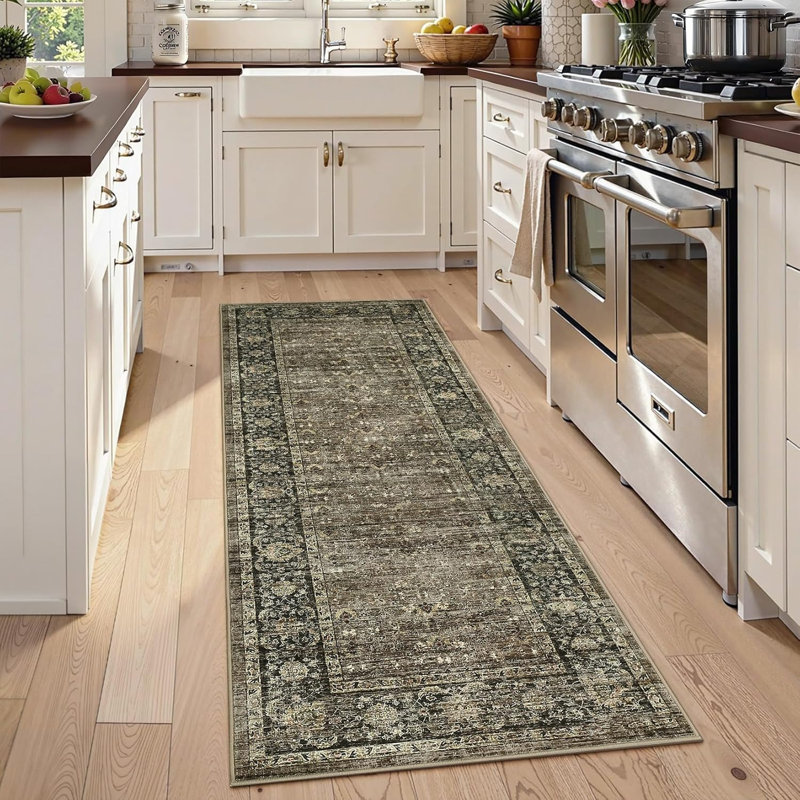 2x6 Floral Kitchen Rug – Washable, Non-Slip, Low Pile, Distressed Print Runner for Hallway, Bathroom, Laundry (Beige)