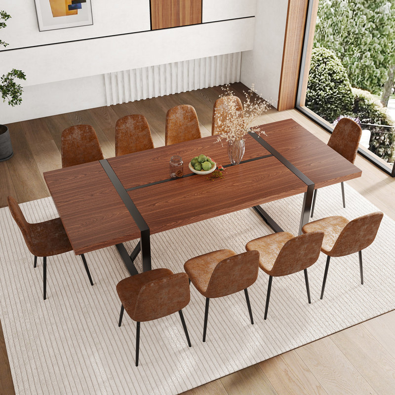 Ensemble de table de salle à manger en bois 87 po avec chaise rembourrée en cuir PU, 11 pièces: table, 10 chaises, Brun
