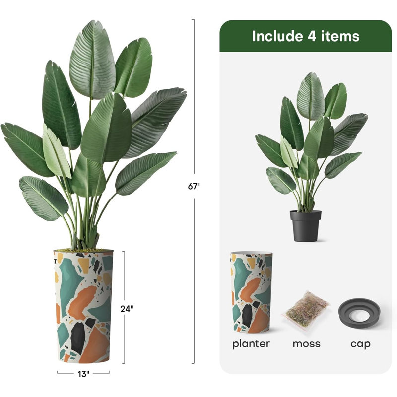 Arbre artificiel dans un pot de fleurs, arbre en soie Fake Bird, Bloc de couleur orange, H 67 po x l 13 po x P 13 po