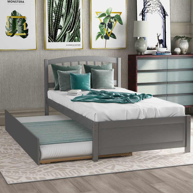 Lit plateforme simple à structure en bois avec lit gigogne, gris, robuste et peu encombrant pour les chambres à coucher modernes