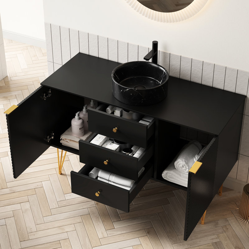 Meuble-lavabo de salle de bain de 122 cm (48 po), lavabo en céramique à motif de pierre noire, pieds dorés, 3 tiroirs de rangement, 2 compartiments ouverts, comptoir fritté, armoire en contreplaqué multicouche, lavabo rond design, et