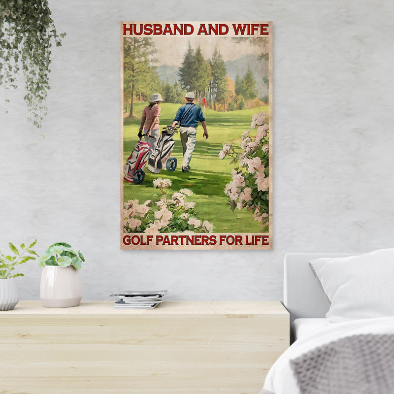 Épouse et mari jouant au golf - «Mari et épouse, partenaires de golf pour la vie», reproduction d'art graphique sur toile tendue