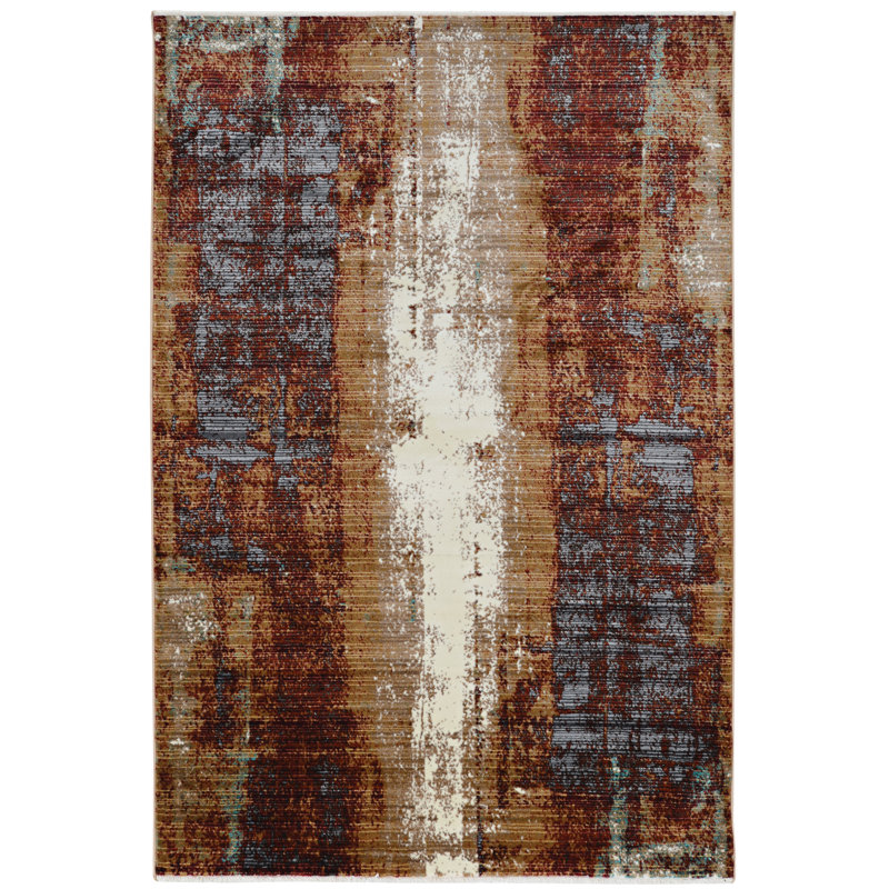 Crittenden Modern Abstract Rust and Blue Area Rug with Short Fringe, Rectangle 5' x 8'