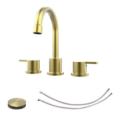 Widespread Bathroom Sink Faucet Brushed Gold 2 Handle 8 Inch 3 Hole 360°Swivel Spout Vanity Sink With Pop Up Drain Assembly