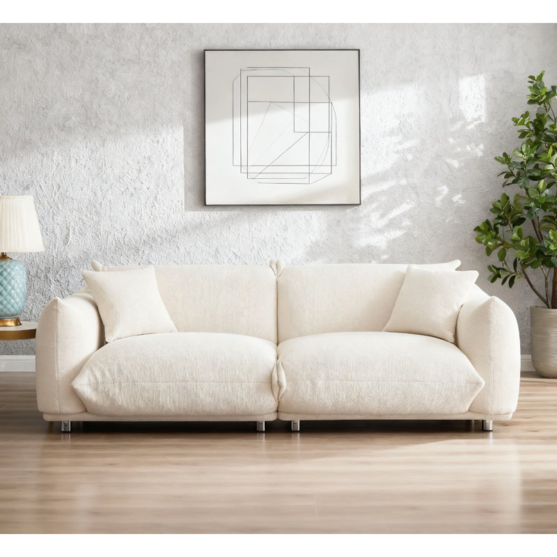 Oversized Loveseat Sofa For Living Room, Sherpa Sofa With Metal Legs, 3 Seater Sofa, Solid Wood Frame Couch With 2 Pillows, For Apartment Office Living Room - White