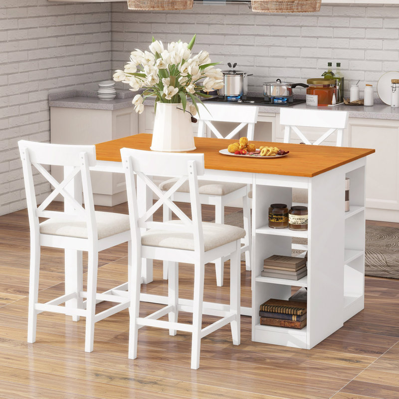 Ensemble de table de salle à manger à hauteur de comptoir en bois massif 60 po x l 30 po avec tablettes de rangement à 3 niveaux et chaises rembourrées pour 4, 5 pièces