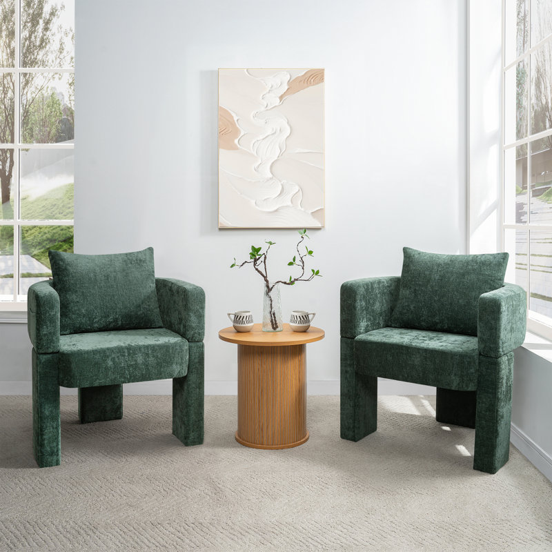 Modern 3-Leg Chenille Accent Chair With Ergonomic Arms & Removable Pillow, Plush Small Space Armchair, Single Sofa Chair For Living Room, Bedroom, Dining Room And Office, Dark Green
