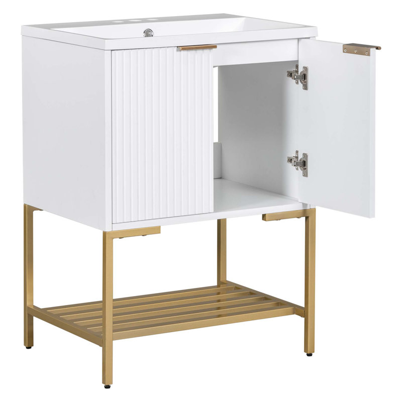 Meuble-lavabo 24 po avec lavabo, meuble-lavabo avec 2 portes et structure en métal doré, tablette de rangement ouverte