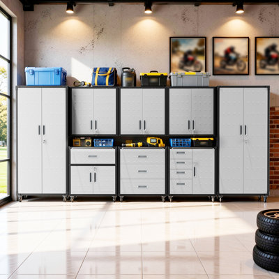 8-Piece Garage Storage Systems Set, Metal Garage Storage Cabinets with Wheels, 3 Wall Mounted Cabinets + Rolling Cabinets + 2 Tall Pegboard Cabinets, Lockable Tool Chest Organizer