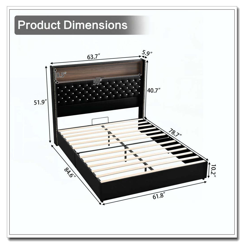 Cadre de lit doux en velours capitonné avec port USB et veilleuse, tête de lit haute 52 po avec rivets, Grand lit, Noir