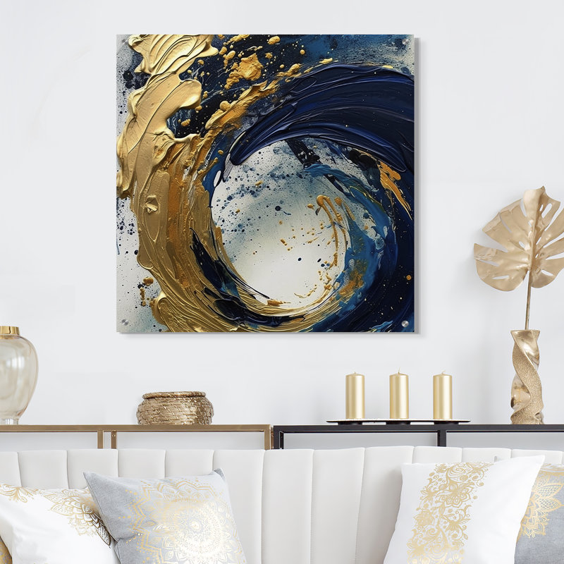Art mural abstrait en acrylique foncé bleu et or VI, H 16 po x l 16 po