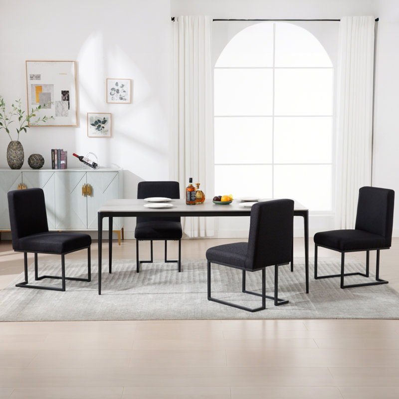 45cm H Linen Upholstered Metal Side Chair, Black