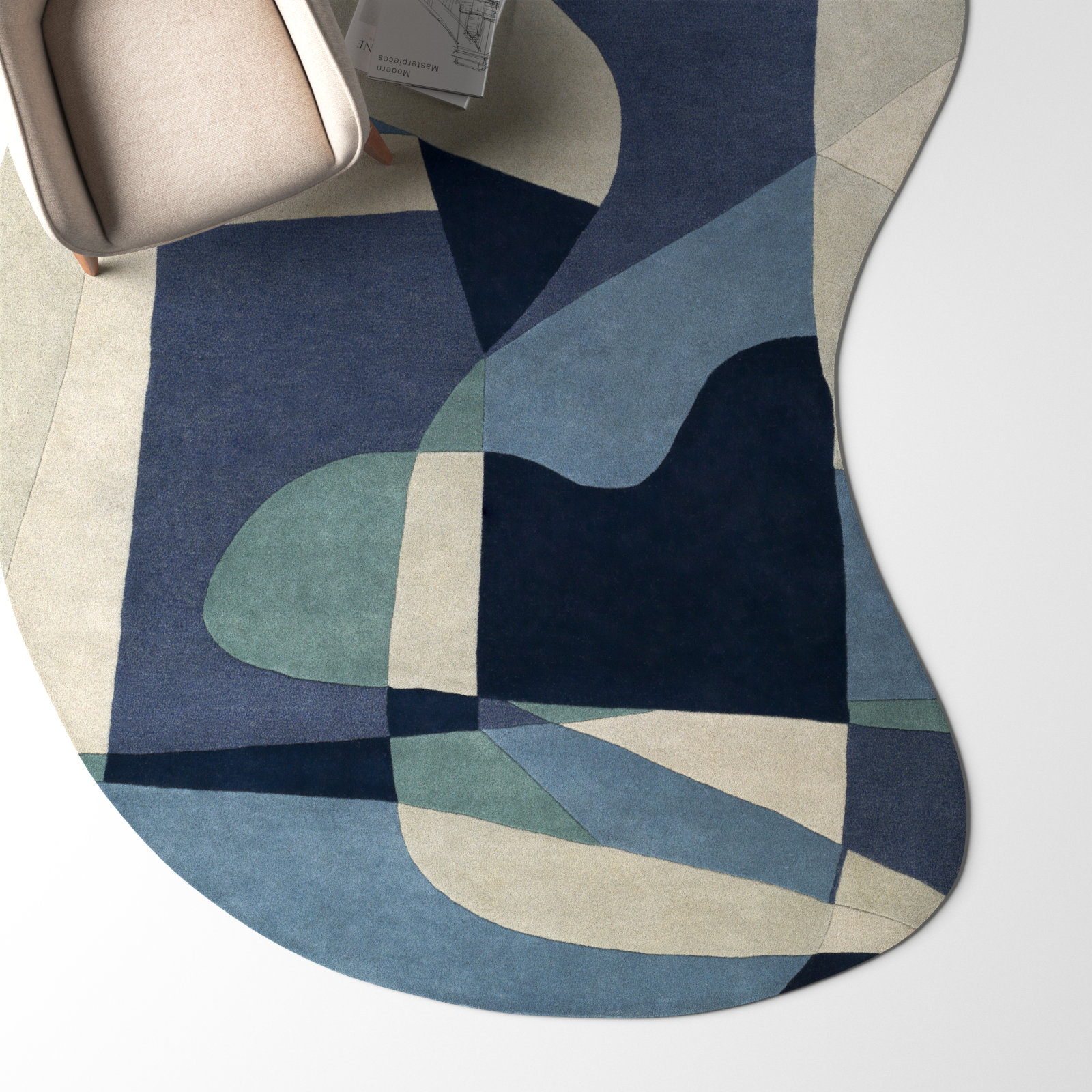 Gaye Teal Navy Beige Hand-Tufted Geometric Rug, Novelty 6' x 9'
